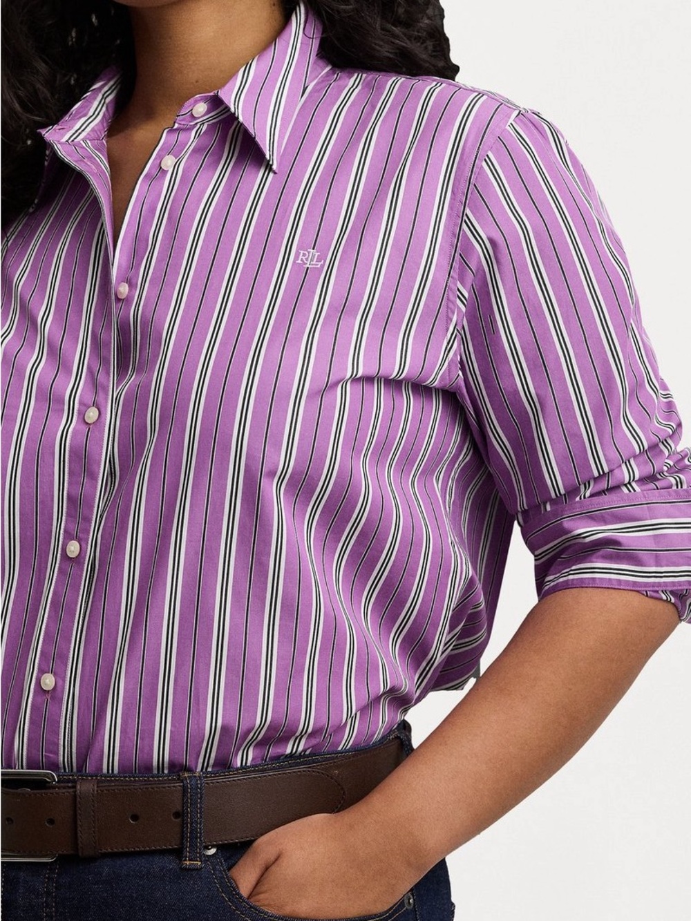 Lauren Ralph Lauren Striped Broadcloth Button Down Shirt Purple Women Size PL